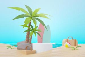 3D-Render-Podiumsständer für den Sommerverkauf, um das Produkt zu zeigen. strandurlaubsszene im sommer zum modellieren. foto