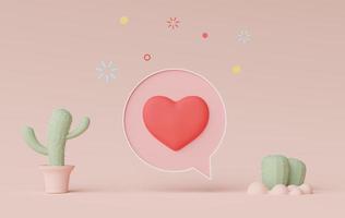 3D-Darstellung von minimalem Talking-Bar-Banner oder Icon-Blase-Kommentar mit süßem Herzen in pastellfarbenem Erdton-Hintergrund. szene für modell und präsentation mit niedlichem kaktus dekorieren. foto