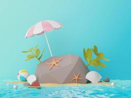 3D-Darstellung von abstraktem, minimalem Hintergrund zum Zeigen von Produkten oder kosmetischen Präsentationen mit sommerlicher Strandszene. Sommerzeit Saison foto