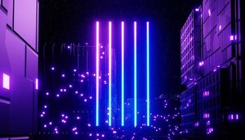 3D-Darstellung von Neon und Licht, die auf einer dunklen Szene leuchten. Konzept der Cyber-Punk-Nachtstadt. Nachtleben. Technologienetzwerk für 5g. Jenseits der Generation und futuristische Szene. Sci-Fi-Muster-Thema.