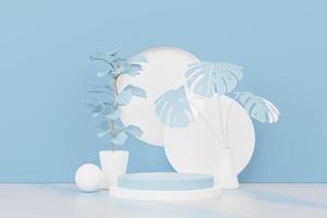 3D-Darstellung einer abstrakten Podiumsanzeige mit tropischen Blättern und blauer Pastellpflanzenszene. Produkt- und Promotionkonzept für Werbung. blauer pastellfarbener natürlicher Hintergrund. foto