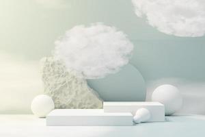 3D-Illustration Luxus-Premium-Sockel-Produktdisplay mit abstrakten geometrischen Formen und flauschiger Wolke. minimale blaue himmel- und wolkenszene für gegenwärtige produktwerbung und schönheitskosmetik. foto