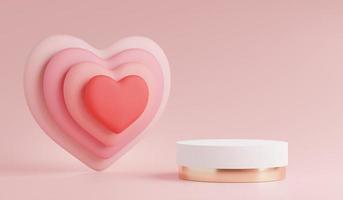 3D-Rendering einer minimalen Szene eines leeren Podiums mit Valentinstagsthema. ausstellungsstand für die produktpräsentation. Zylinderstufe in süßer, lieblicher rosa Farbe mit schlichtem Design. foto