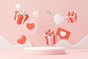 3D-Rendering minimale süße Szene mit Display-Podium für Mock-up und Produktmarkenpräsentation. Pinker Sockel zum Thema Valentinstag. süßer reizender Herzhintergrund. Designstil des Liebestages. foto