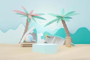 3D-Render-Podiumsständer für den Sommerverkauf, um das Produkt zu zeigen. strandurlaubsszene im sommer zum modellieren. foto