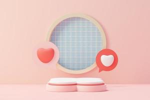 3D-Rendering minimale süße Szene mit Display-Podium für Mock-up und Produktmarkenpräsentation. Pinker Sockel zum Thema Valentinstag. süßer reizender Herzhintergrund. Designstil des Liebestages. foto