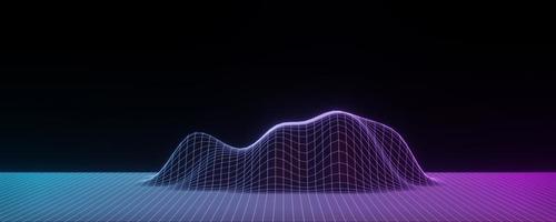 3D-Darstellung von futuristischem Retro-Landschaftsneonlicht auf dunklem Hintergrund. abstrakte Laser-Cyber-Linien zeigen nachts. UV-Spektrum-Strahlszene für Mock-up und Web-Banner.
