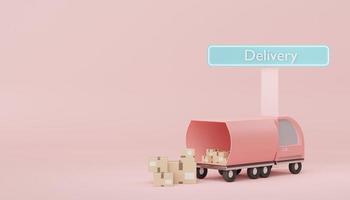3D-Darstellung von Paketen aus braunen Kartons mit LKW für Mock-up und kreatives Design. Online-Shopping-Konzept. Online-Lieferkonzept mit pastellfarbenem Hintergrund. Verpackung für Expresstransport foto