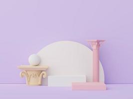 3D-Darstellung eines abstrakten, minimalen Anzeigepodiums mit griechischem, altem, barockem Säulenhintergrund. Sockeldesign für Mock-up und Produktpräsentation. saubere pastellfarbene szene. foto