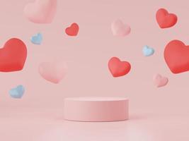 3D-Rendering einer minimalen Szene eines leeren Podiums mit Valentinstagsthema. ausstellungsstand für die produktpräsentation. Zylinderstufe in süßer, lieblicher rosa Farbe mit schlichtem Design. foto