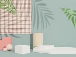 3D-Darstellung eines abstrakten Podest-Displays mit Terrazzo und Schatten von Blättern. Szene für aktuelle Produktpromotion und Schönheitskosmetik. foto
