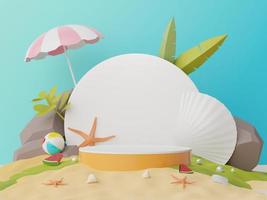 3D-Darstellung eines abstrakten, minimalen Anzeigepodiums zur Präsentation von Produkten oder kosmetischen Präsentationen mit sommerlicher Strandszene. Sommerzeit. foto