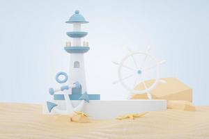 3D-Render-Podiumsständer für den Sommerverkauf, um das Produkt zu zeigen. strandurlaubsszene im sommer zum modellieren. foto