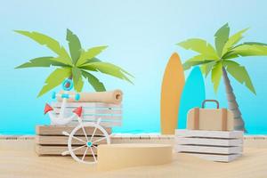 3D-Render-Podiumsständer für den Sommerverkauf, um das Produkt zu zeigen. strandurlaubsszene im sommer zum modellieren. foto