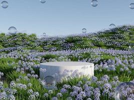 podium auf natürlichem lila blumenfeld mit blase 3d-renderillustration foto