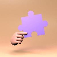 Die Hand hält ein lila Puzzle. 3D-Darstellung. foto