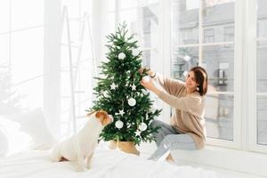 Fröhliche Frau in bequemer Kleidung schmückt den Weihnachtsbaum im modernen, geräumigen Schlafzimmer, blickt mit einem Lächeln auf den Rassehund, der auf dem Bett sitzt, großes Fenster dahinter. neujahrszeit, urlaubsvorbereitung foto