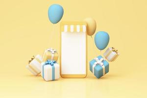 online-shop-konzept-geschenkbox mit ballon- und telefonbildschirm auf gelbem hintergrund realistische 3d-rendering foto