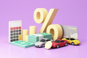 Auto Kfz-Versicherung und Vollkasko-Konzept umgeben von Goldmünzen und Bargeld mit Sportwagenmodell und Prozentsatz isoliert auf violettem Pastellhintergrund. realistische 3d-darstellung foto