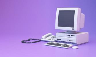 Abstrakter ästhetischer Hintergrund mit Systemmeldungsfenstern im Stil der 90er Jahre, altem Vintage-Computer, Maus, Tastatur, Popup-Icon-Systemmeldungsfenster auf realistischem 3D-Rendering im rosa und violetten Farbverlauf y2k-Stil foto