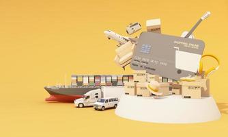 internationales transportversandkonzept mit kreditkarte umgeben von pappkartons, einem frachtcontainerschiff, einem fliegenden flugzeug, einem van und einem lkw isoliert auf gelbem hintergrund realistische 3d-darstellung foto