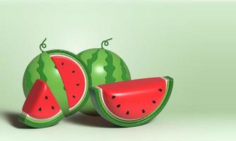 3D-Banner für Wassermelonen und saftige Scheiben, 3D-Illustration von Wassermelonensaft, frisches und saftiges Fruchtkonzept von Sommergerichten. foto