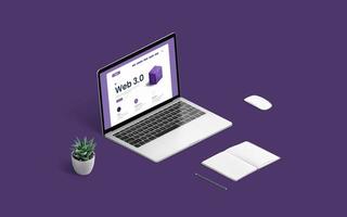 Web 3.0-Konzept mit Laptop und Präsentationswebseite. Maus, Pflanze, Block und Stift auf lila Hintergrund foto
