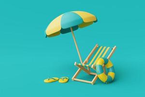 3D-Darstellung des Sommerferienkonzepts mit Strandkorb, Regenschirm und Sommerelementen isoliert auf blauem Hintergrund, minimaler Stil.3d-Rendering. foto