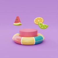 Bunter aufblasbarer Ring und Display mit Wassermelone, Orange, Zitrone, die auf violettem Hintergrund schwimmt, Sommerzeitkonzept, 3D-Rendering. foto