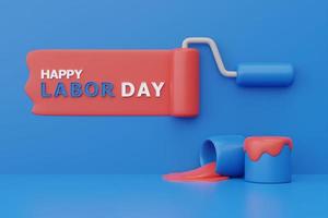 happy labor day usa konzept mit roter schwammwalzenfarbe, bauwerkzeuge auf blauem hintergrund, 3d-rendering foto