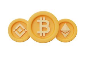 satz goldener kryptowährungsmünzen mit bitcoin, ethereum, binance isoliert auf weißem hintergrund, blockchain-technologie, minimaler style.3d-rendering. foto