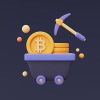 bitcoin-mining-konzept mit spitzhacke und goldener bitcoin-münze, kryptowährung, blockchain-technologie, minimalem style.3d-rendering. foto