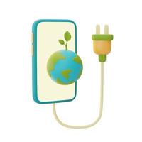 Weltkugel auf Smartphone-Bildschirm mit Netzstecker, intelligente Energieeinsparung, Happy Earth Day, Weltumwelttag, umweltfreundlich, 3D-Rendering. foto