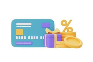 Online-Cashback-Service oder digitales Zahlungskonzept mit blauen Kreditkarten, Dollarmünzen und Geschenkbox, 3D-Rendering foto
