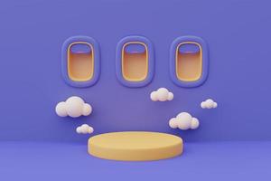 3D-Darstellung einer Flugzeugfensterszene mit leerer Podiumsbühne, umgeben von einer Wolke zum Zeigen oder Präsentieren, minimalistischer Stil. foto