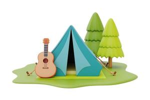 touristisches Campingzelt mit Gitarre auf Campingplatz, Sommerlagerkonzept, 3D-Darstellung. foto