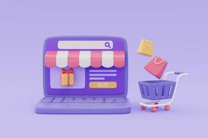 Online-Shopping-Shop auf Laptop mit Einkaufswagen und Taschen, die auf lila Hintergrund schweben, 3D-Rendering. foto