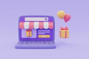 Online-Shopping-Shop auf Laptop mit Geschenkboxen und Ballons, die auf violettem Hintergrund schweben, 3D-Rendering. foto