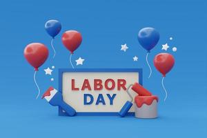 happy labor day usa-konzept mit bauwerkzeugen und ballon auf blauem hintergrund, 3d-rendering foto