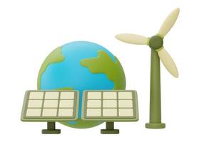Weltkugel mit Sonnenkollektoren und Windturbine, Weltumwelttag, alternative Stromquelle, saubere Energie, 3D-Rendering. foto