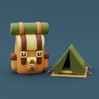 campingzelt mit rucksack isoliert auf blauem hintergrund für sommerlager, urlaubskonzept. minimaler stil. 3d-rendering. foto