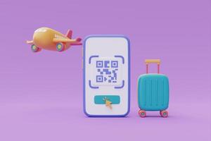 tourismus- und reiseplan für die reise, qr-code-scannen auf dem smartphone mit flugzeug und koffer, reisezeit, online-buchung von flugtickets, urlaub, 3d-rendering foto