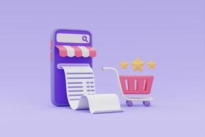 Online-Shopping-Shop mit Rechnung, Warenkorb und Sternebewertungssymbol auf violettem Hintergrund, 3D-Darstellung. foto