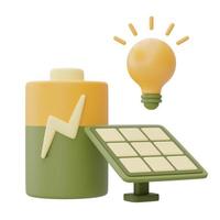 saubere energie, ökologische batterietechnologien mit sonnenkollektoren, batterie und glühbirne, umweltfreundlich, 3d-rendering. foto