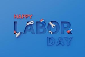 happy labor day usa konzept mit bauwerkzeugen und ausrüstung auf blauem hintergrund, 3d-rendering foto