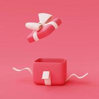 3D-Darstellung einer offenen rosafarbenen Geschenkbox mit Bändern isoliert auf pastellfarbenem Hintergrund, Valentinstag-Verkaufskonzept, minimalistischer Stil. foto