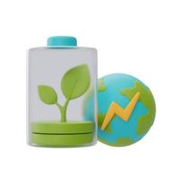 Batterieladung mit Weltkugel, intelligente Energieeinsparung, Happy Earth Day, Weltumwelttag, umweltfreundlich, 3D-Rendering. foto