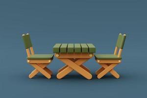 3D-Darstellung von Holztisch isoliert auf blauem Hintergrund, Campingausrüstung, Urlaubskonzept. Minimaler Stil. 3D-Darstellung. foto