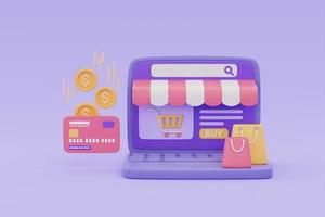 Online-Shopping-Shop auf Laptop mit Einkaufstüten und Kreditkarte, Cashback oder Bonusmünzenkonzept, 3D-Rendering. foto