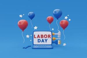 happy labor day usa-konzept mit computer, bauwerkzeugen und ballon auf blauem hintergrund, 3d-rendering foto